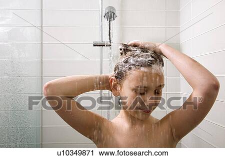 Young girl in low-flow shower View Large Photo Image Stock Image - Young girl in low-flow shower. Fotosearch