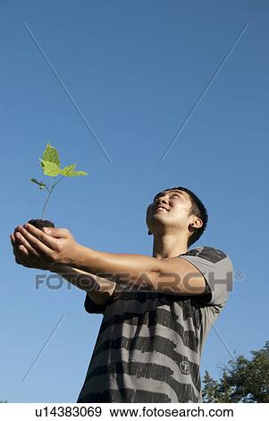 Stock Photo - Young man holding seedling with outstretched arms, Assiniboine Park, Winnipeg, Canada. Fotosearch