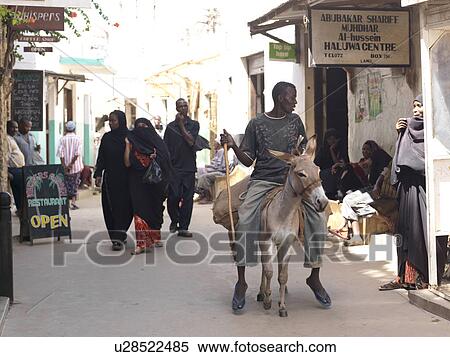Stock Photography - Man riding his donkey in Lamu Town, Africa. Fotosearch