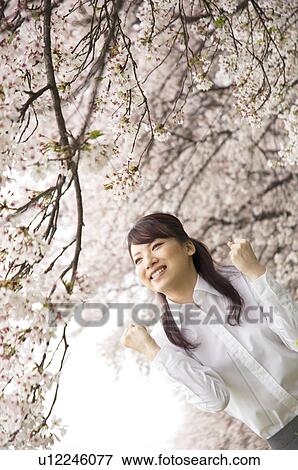 Stock Photo - Businesswoman standing underneath cherry trees. Fotosearch