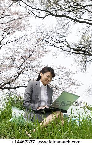 Businesswoman using laptop in a field View Large Photo Image Stock Photo - Businesswoman using laptop in a field. Fotosearch