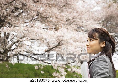 Stock Photography - Businesswoman with some paperwork in a field. Fotosearch
