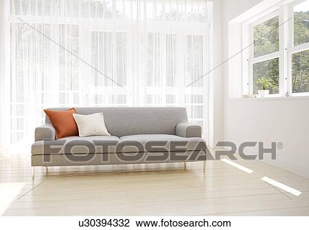 Stock Image - Grey sofa in living room. Fotosearch