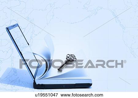 Laptop computer combined with book and key against world map View Large Photo Image Stock Photo - Laptop computer combined with book and key against world map. Fotosearch