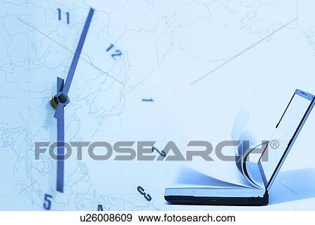 Stock Photo - Laptop computer combined with book and clock against world map. Fotosearch