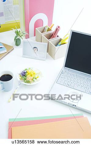 Salad, coffee cup and laptop on desk View Large Photo Image Stock Photo - Salad, coffee cup and laptop on desk. Fotosearch