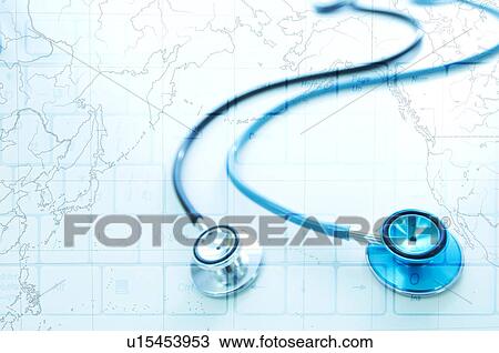 Stock Image - Stethoscope with computer keyboard and world map. Fotosearch