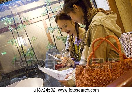 Stock Image - Two friends planning their travels in a hotel lobby. Fotosearch