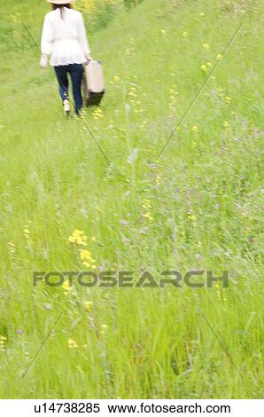Woman walking through field carrying suitcase View Large Photo Image Stock Photography - Woman walking through field carrying suitcase. Fotosearch