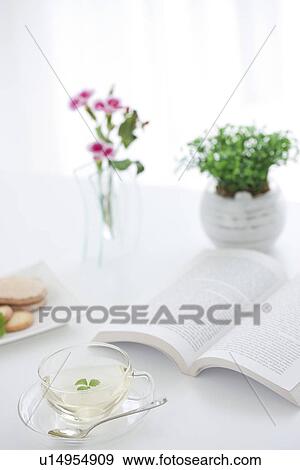 Afternoon tea next to a potted plant and an open book View Large Photo Image Stock Photo - Afternoon tea next to a potted plant and an open book. Fotosearch