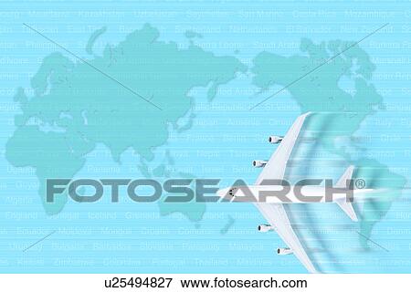 Stock Photo - Airplane flying over world map. Fotosearch