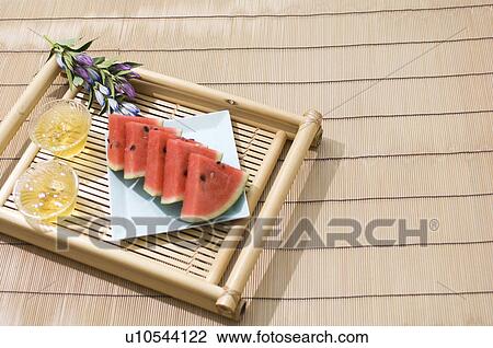 Barley tea and slices of watermelon on a tray View Large Photo Image Stock Image - Barley tea and slices of watermelon on a tray. Fotosearch