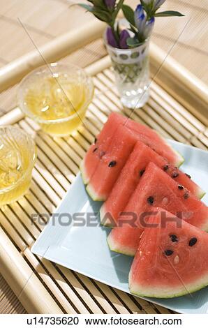 Barley tea and slices of watermelon on a tray View Large Photo Image Stock Image - Barley tea and slices of watermelon on a tray. Fotosearch