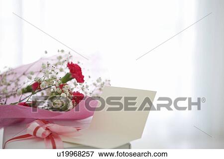 Stock Photo - Bouquet of carnations and baby's breath with a present and a card. Fotosearch