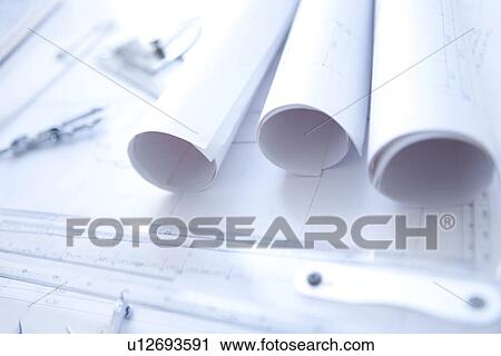 Stock Image - Building plan drawing equipment. Fotosearch