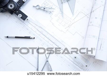 Stock Photography - Building plan drawing equipment. Fotosearch