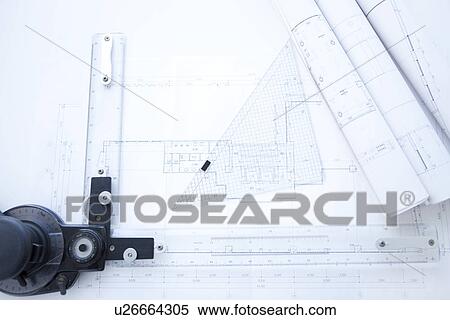 Stock Photography - Building plan drawing equipment. Fotosearch