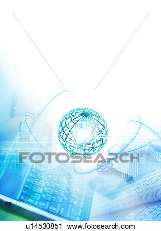 Stock Image - Business composite of globe, computer, stock market data and a key. Fotosearch