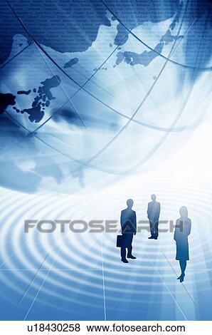 Stock Photo - Businesspeople standing under a globe. Fotosearch