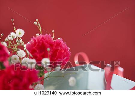 Stock Image - Carnations and a gift box. Fotosearch