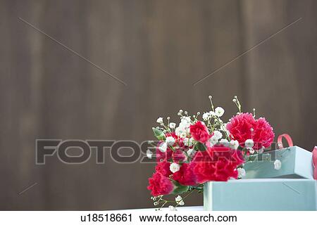 Stock Image - Carnations and a gift box. Fotosearch