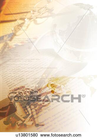 Stock Image - Composite image of globe, keys and writing. Fotosearch
