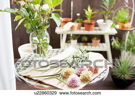 Stock Photo - Cut flowers and a vase. Fotosearch