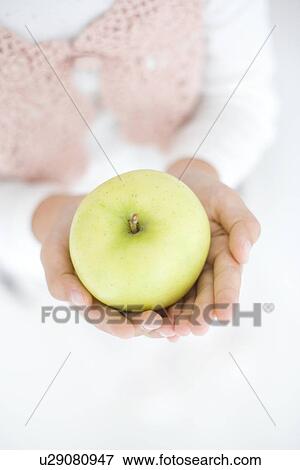 Girls hands holding a green apple View Large Photo Image Stock Photo - Girls hands holding a green apple. Fotosearch