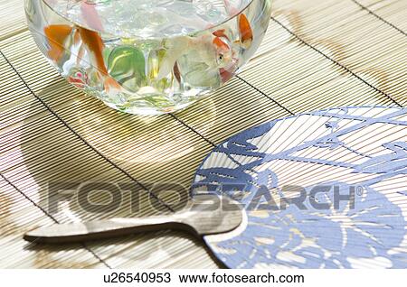 Goldfish in a fishbowl on a tatami mat next to a fan View Large Photo Image Stock Image - Goldfish in a fishbowl on a tatami mat next to a fan. Fotosearch