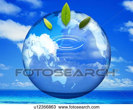 Stock Image - Green leaves on a blue earth with the ocean. Fotosearch