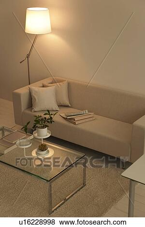 Living room with illuminated lamp View Large Photo Image Stock Photo - Living room with illuminated lamp. Fotosearch