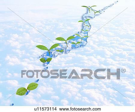 Picture - Map of Japan comprised of water drops with seedlings growing. Fotosearch