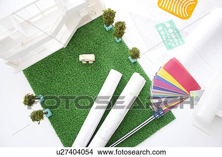 Picture - Model building, building plans and colour swatch. Fotosearch