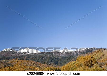 Picture - Mt Norikura surrounded by Autumn forest. Nagano Prefecture, Japan. Fotosearch