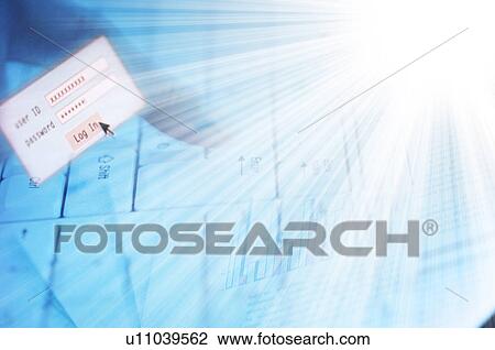 Stock Image - Person typing on keyboard and a log on screen. Fotosearch