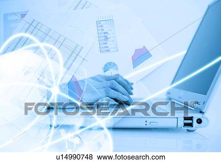 Person typing on laptop with images of documents and atoms View Large Photo Image Stock Photo - Person typing on laptop with images of documents and atoms. Fotosearch