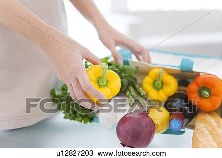 Person unpacking groceries from eco-bag View Large Photo Image Stock Image - Person unpacking groceries from eco-bag. Fotosearch