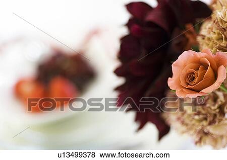 Stock Photo - Plate of fruit and vase of flowers. Fotosearch