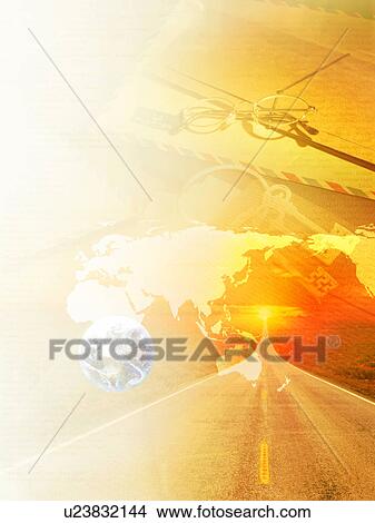 Road at sunset with globe, map and airmail envelope View Large Photo Image Picture - Road at sunset with globe, map and airmail envelope. Fotosearch