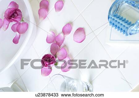 Stock Image - Rose petals floating in a washtub. Fotosearch