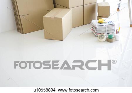 Picture - Stack of cardboard boxes and packaging items. Fotosearch
