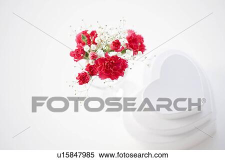 Stack of heart shaped gift boxes and a vase of carnations and baby's breath View Large Photo Image Stock Photography - Stack of heart shaped gift boxes and a vase of carnations and baby's breath. Fotosearch