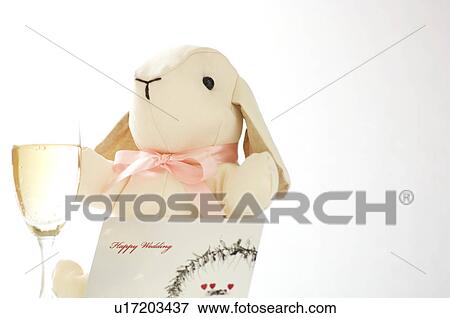 Stock Photo - Stuffed animal with champagne glass and wedding card. Fotosearch