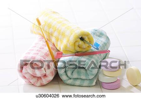 Towels, toothbrushes, and bath salts View Large Photo Image Stock Photograph - Towels, toothbrushes, and bath salts. Fotosearch