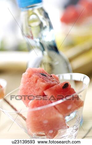 Watermelon in a dish and a bottle of water View Large Photo Image Stock Image - Watermelon in a dish and a bottle of water. Fotosearch