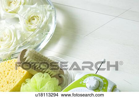White roses and bathroom items View Large Photo Image Picture - White roses and bathroom items. Fotosearch