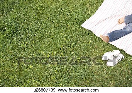 Woman lying on a blanket in a field View Large Photo Image Stock Photo - Woman lying on a blanket in a field. Fotosearch