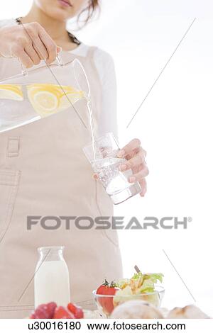 Stock Image - Woman pouring water into a glass. Fotosearch