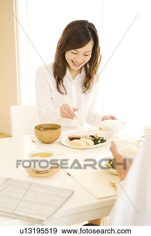 Woman sitting eating breakfast View Large Photo Image Stock Photo - Woman sitting eating breakfast. Fotosearch