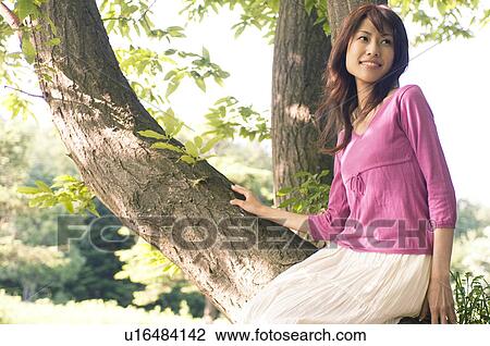 Woman sitting in a tree View Large Photo Image Stock Image - Woman sitting in a tree. Fotosearch